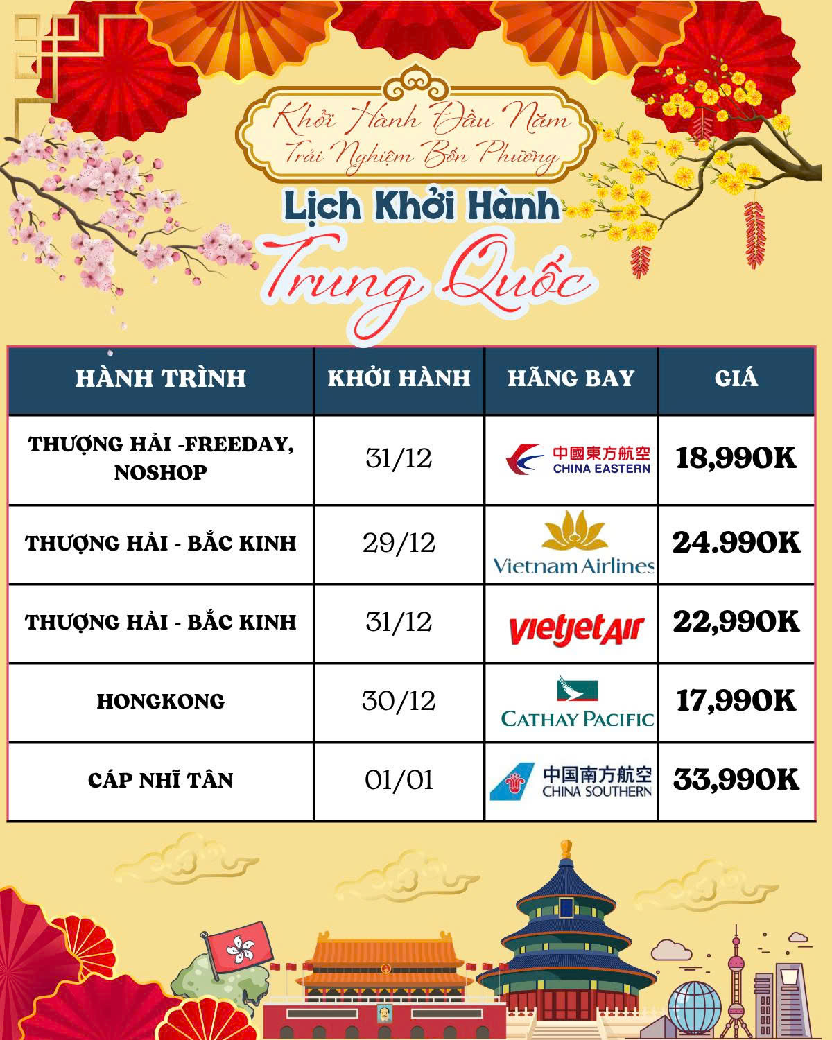 Lịch Trình Khởi Hành Trung Quốc Giá Ưu Đãi